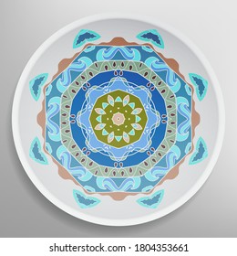 Decorative plate with round ornament in ethnic style. Mandala circular abstract geometric floral pattern. Fashion background with ornate dish. Interior home decor, vector illustration