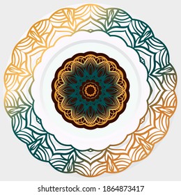 Decorative plate with round ornament in ethnic style. Fashion background with ornate dish. Vector illustration.