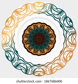 Decorative plate with round ornament in ethnic style. Fashion background with ornate dish. Vector illustration.