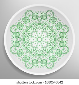Decorative plate with round ornament in ethnic style. Mandala circular abstract geometric floral pattern. Fashion background with ornate dish. Interior home decor, vector illustration