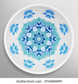 Decorative plate with round ornament in ethnic style. Mandala circular abstract geometric floral pattern. Fashion background with ornate dish. Interior home decor, vector illustration