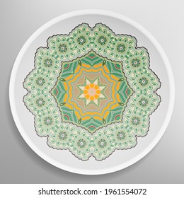 Decorative plate with round ornament in ethnic style. Mandala circular abstract geometric floral pattern. Fashion background with ornate dish. Interior home decor, vector illustration
