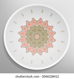 Decorative plate with round ornament in ethnic style. Mandala circular abstract geometric floral pattern. Fashion background with ornate dish. Interior home decor, vector illustration
