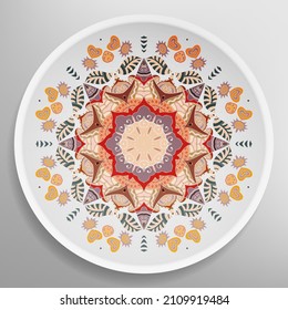 Decorative plate with round ornament in ethnic style. Mandala circular abstract geometric floral pattern. Fashion background with ornate dish. Interior home decor, vector illustration