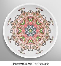 Decorative plate with round ornament in ethnic style. Mandala circular abstract geometric floral pattern. Fashion background with ornate dish. Interior home decor, vector illustration