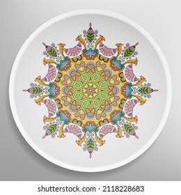 Decorative plate with round ornament in ethnic style. Mandala circular abstract geometric floral pattern. Fashion background with ornate dish. Interior home decor, vector illustration