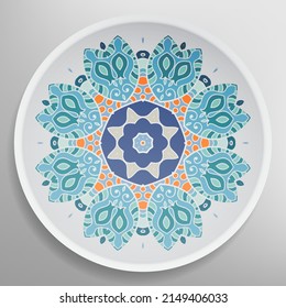 Decorative plate with round ornament in ethnic style. Mandala circular abstract geometric floral pattern. Fashion background with ornate dish. Interior home decor, vector illustration