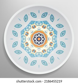 Decorative plate with round ornament in ethnic style. Mandala circular abstract geometric floral pattern. Fashion background with ornate dish. Interior home decor, vector illustration