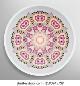 Decorative plate with round ornament in ethnic style. Mandala circular abstract geometric floral pattern. Fashion background with ornate dish. Interior home decor, vector illustration