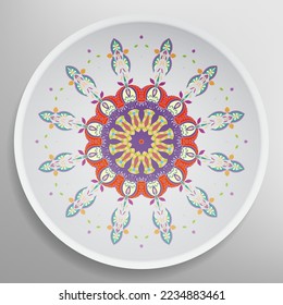 Decorative plate with round ornament in ethnic style. Mandala circular abstract geometric floral pattern. Fashion background with ornate dish. Interior home decor, vector illustration