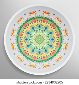 Decorative plate with round ornament in ethnic style. Mandala circular abstract geometric floral pattern. Fashion background with ornate dish. Interior home decor, vector illustration