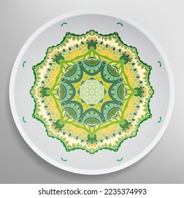 Decorative plate with round ornament in ethnic style. Mandala circular abstract geometric floral pattern. Fashion background with ornate dish. Interior home decor, vector illustration