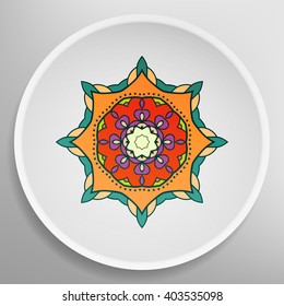 Decorative plate with round ornament in ethnic style. Mandala circular abstract floral pattern. Fashion background with ornate dish. Vector illustration