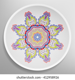 Decorative plate with round ornament in ethnic style. Mandala circular abstract floral pattern. Fashion background with ornate dish. Vector illustration