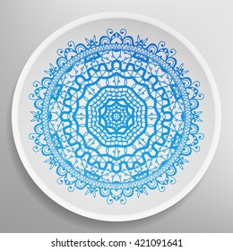 Decorative plate with round ornament in ethnic style. Mandala circular abstract floral pattern. Fashion background with ornate dish. Vector illustration