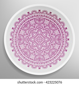Decorative plate with round ornament in ethnic style. Mandala circular abstract floral lace pattern. Fashion background with ornate dish. Vector illustration