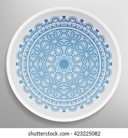 Decorative plate with round ornament in ethnic style. Mandala circular abstract floral lace pattern. Fashion background with ornate dish. Vector illustration