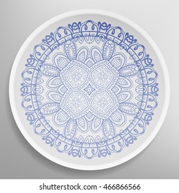 Decorative plate with round ornament in ethnic style. Mandala circular abstract floral pattern. Fashion background with ornate dish. Vector illustration