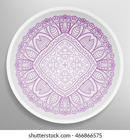 Decorative plate with round ornament in ethnic style. Mandala circular abstract floral pattern. Fashion background with ornate dish. Vector illustration