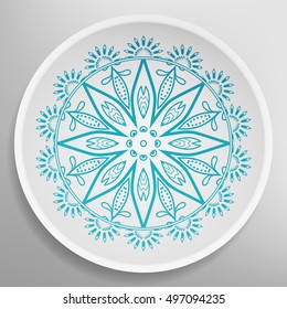 Decorative plate with round ornament in ethnic style. Abstract floral Mandala circular pattern. Fashion background with ornate dish. Home decor background, Interior decoration, kitchen plate.