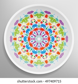 Decorative plate with round ornament in ethnic style. Abstract floral Mandala circular pattern. Fashion background with ornate dish. Home decor background, Interior decoration, kitchen plate.