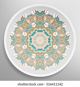 Decorative plate with round ornament in ethnic style. Mandala circular abstract floral pattern. Fashion background with ornate dish. Interior decor, vector illustration