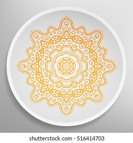 Decorative plate with round ornament in ethnic style. Mandala circular abstract floral lace pattern. Fashion background with ornate dish. Interior decor, vector illustration
