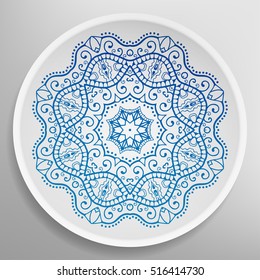 Decorative plate with round ornament in ethnic style. Mandala circular abstract floral lace pattern. Fashion background with ornate dish. Interior decor, vector illustration