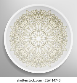 Decorative plate with round ornament in ethnic style. Mandala circular abstract floral lace pattern. Fashion background with ornate dish. Interior decor, vector illustration
