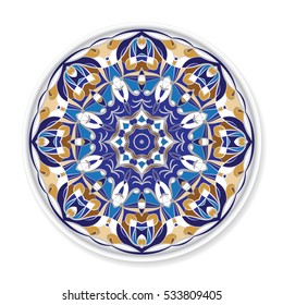 Decorative plate with round ornament in ethnic style. Home decor background, Interior decoration, kitchen plate.