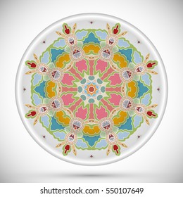 Decorative plate with round ornament in ethnic style. Abstract colored Mandala art, stylized floral pattern. Home decor, interior design, fashion background with colorful ornate dish