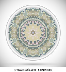 Decorative plate with round ornament in ethnic style. Abstract colored Mandala art, stylized floral pattern. Home decor, interior design, fashion background with colorful ornate dish