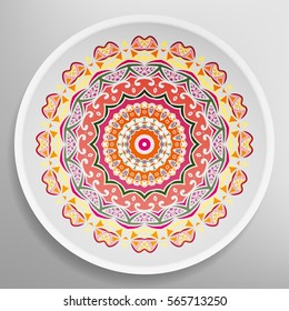 Decorative plate with round ornament in ethnic style. Mandala circular abstract floral pattern. Fashion background with ornate dish. Vector illustration