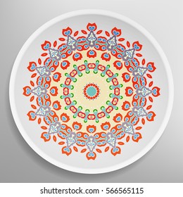 Decorative plate with round ornament in ethnic style. Mandala circular abstract floral pattern. Fashion background with ornate dish. Vector illustration