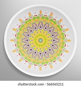 Decorative plate with round ornament in ethnic style. Mandala circular abstract floral pattern. Fashion background with ornate dish. Vector illustration