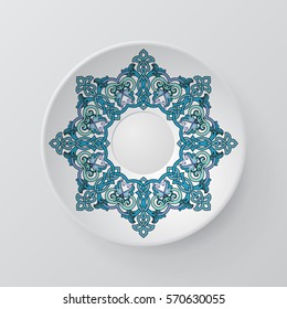 Decorative plate with round ornament in ethnic style. Mandala circular abstract floral pattern. Fashion background with ornate dish. Vector illustration