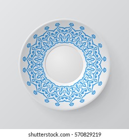 Platos decorativos con adornos redondos de estilo étnico. Patrón circular de encaje floral abstracto de Mandala. Fondo de moda con plato ornamentado. Decoración interior, ilustración vectorial