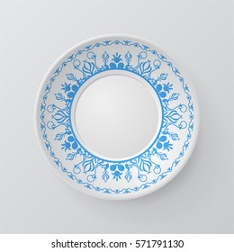 Decorative plate with round ornament in ethnic style. Mandala circular abstract floral lace pattern. Fashion background with ornate dish. Interior decor, vector illustration eps10