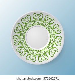 Decorative plate with round ornament in ethnic style. Mandala circular abstract floral lace pattern. Fashion background with ornate dish. Interior decor, vector illustration