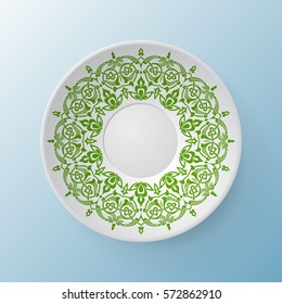 Decorative plate with round ornament in ethnic style. Mandala circular abstract floral lace pattern. Fashion background with ornate dish. Interior decor, vector illustration