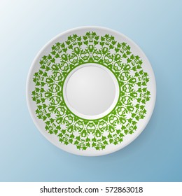 Decorative plate with round ornament in ethnic style. Mandala circular abstract floral lace pattern. Fashion background with ornate dish. Interior decor, vector illustration
