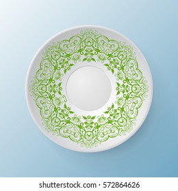 Decorative plate with round ornament in ethnic style. Mandala circular abstract floral lace pattern. Fashion background with ornate dish. Interior decor, vector illustration