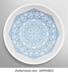 Decorative plate with round ornament in ethnic style. Mandala circular abstract floral pattern. Fashion background with ornate dish. Vector illustration