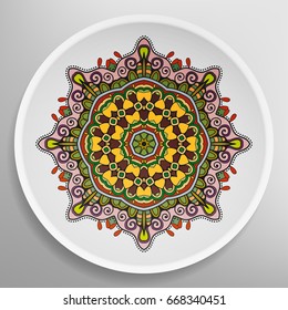 Decorative plate with round ornament in ethnic style. Abstract colored Mandala art, stylized floral pattern. Home decor, interior design, fashion background with colorful ornate dish