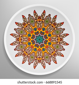 Decorative plate with round ornament in ethnic style. Mandala circular abstract floral pattern. Fashion background with ornate dish. Vector illustration