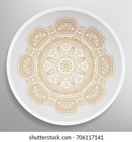 Decorative plate with round ornament in ethnic style. Mandala circular abstract floral pattern. Fashion background with ornate dish. Vector illustration