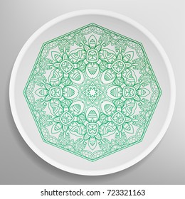 Decorative plate with round ornament in ethnic style. Abstract colored Mandala art, stylized floral pattern. Home decor, interior design, fashion background with colorful ornate dish