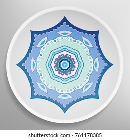Decorative plate with round ornament in ethnic style. Mandala circular abstract floral pattern. Fashion background with ornate dish. Vector illustration