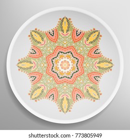 Decorative plate with round ornament in ethnic style. Mandala circular abstract floral pattern. Fashion background with ornate dish. Vector illustration