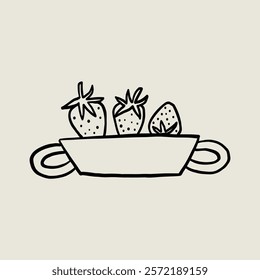 Decorative Plate with Strawberry Fruit. Potted Ceramic Sketch Black Line Symbol. Stylized Whimsical Hand Drawn Vector Element Decor